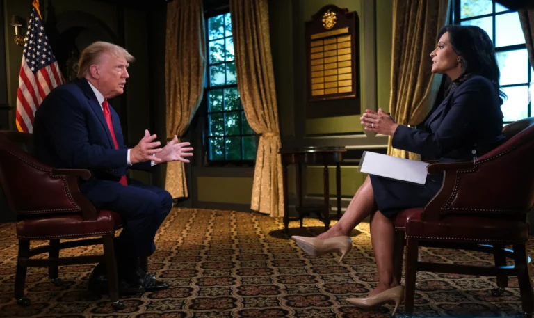 Donald Trump speaking during an exclusive NBC interview with Kristen Welker, discussing tariffs, Capitol rioter pardons, and vaccine conspiracy theories.