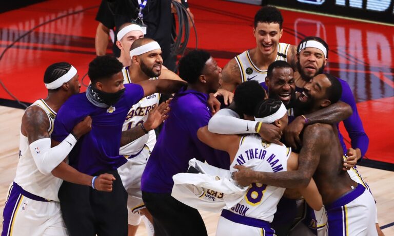 Los Angeles Lakers celebrate Christmas victory over Golden State Warriors.