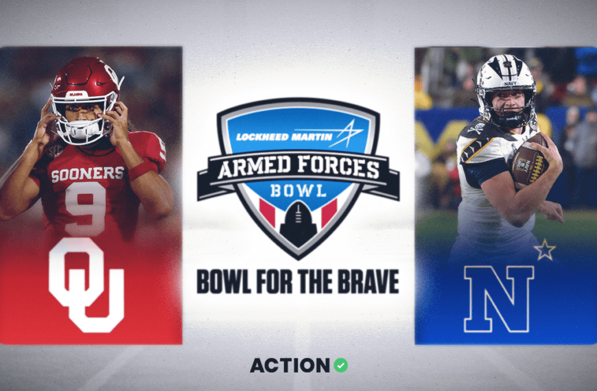 Oklahoma vs. Navy players facing off in the 2024 Armed Forces Bowl game