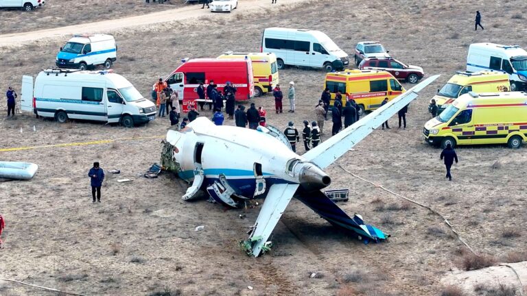 Wreckage of Azerbaijan Airlines plane crash near Aktau, Kazakhstan, Christmas Day