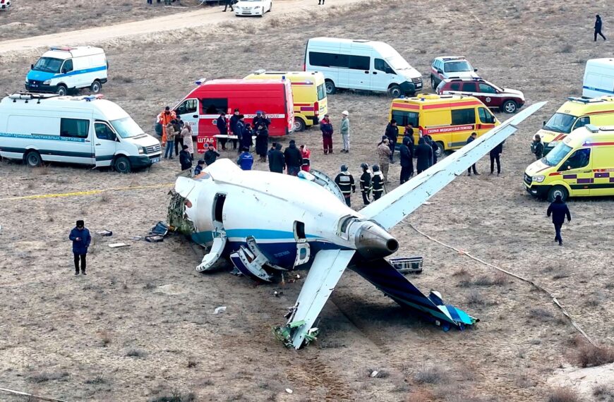 Wreckage of Azerbaijan Airlines plane crash near Aktau, Kazakhstan, Christmas Day